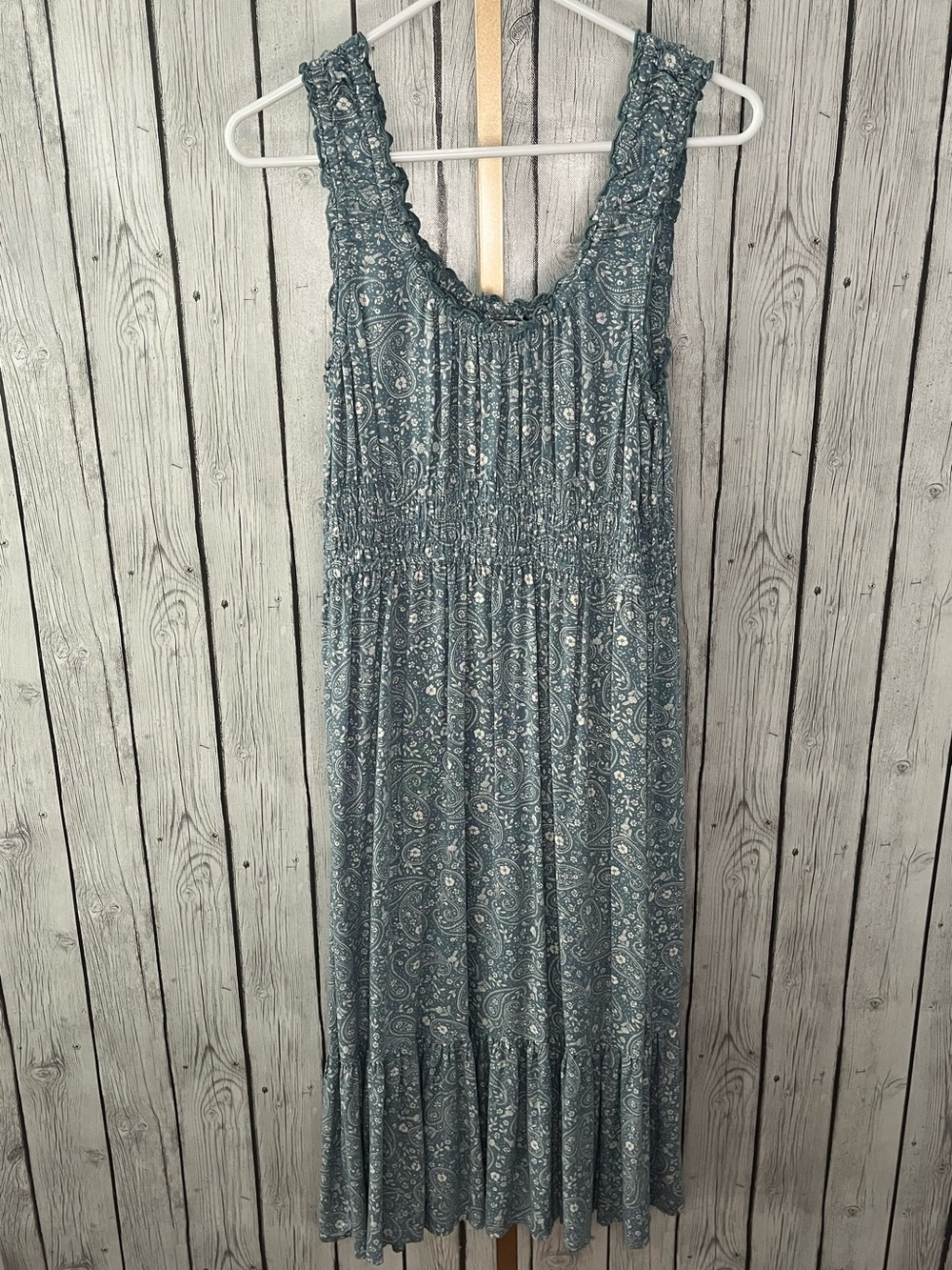 Patrons of Peace Medley Blue Paisley Smocked Midi Dress Boho Cottagecore Large